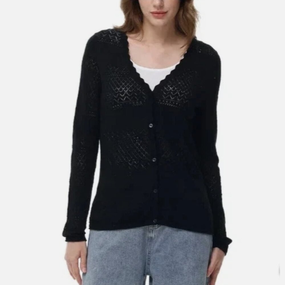 Frye Women's Pointelle Knit Cardigan Black Beauty Size L